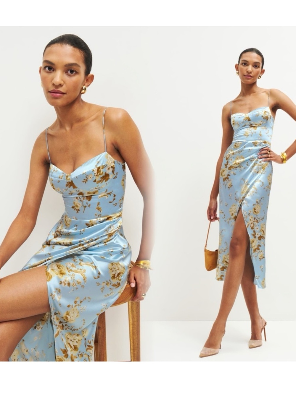 Reformation Pale Blue Satin Midi Dress with Gold Floral